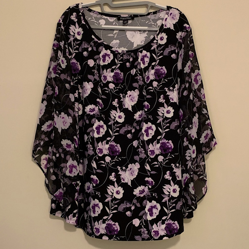 Roz & Ali 3X Floral Top with Sheer Sleeves